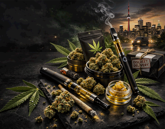 Cannabis products with Toronto skyline at twilight