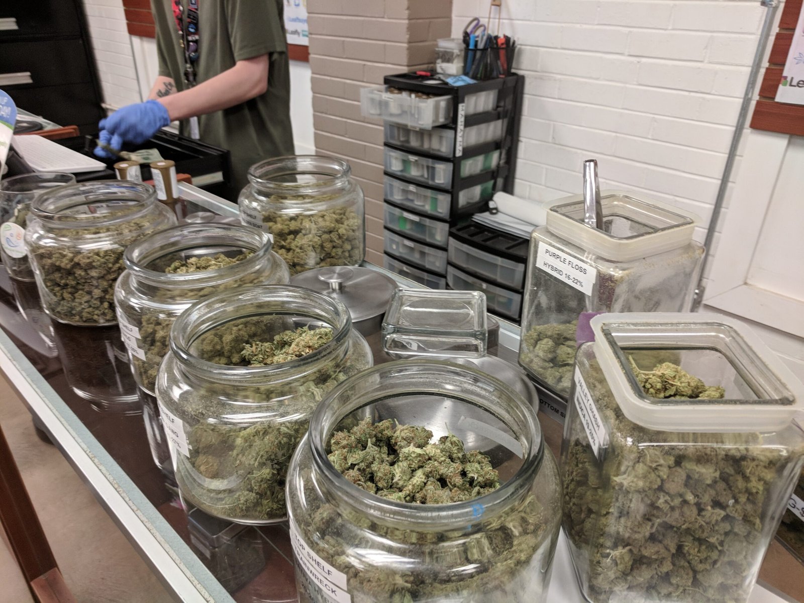 Variety of cannabis flower strains on display