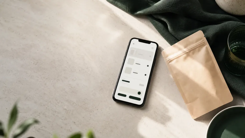 Smartphone displaying a simple online cart beside an unbranded delivery pouch
