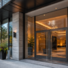 Modern glass Toronto condo lobby entrance with no visible address
