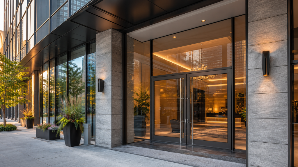Modern glass Toronto condo lobby entrance with no visible address