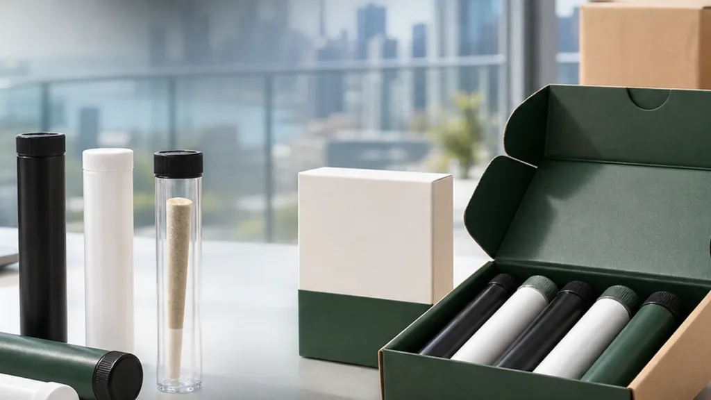 Unbranded single pre-roll tubes beside a multi-pack box on a clean delivery workspace
