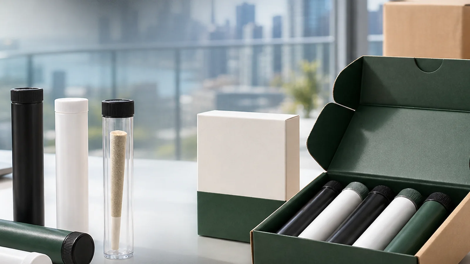 Unbranded single pre-roll tubes beside a multi-pack box on a clean delivery workspace