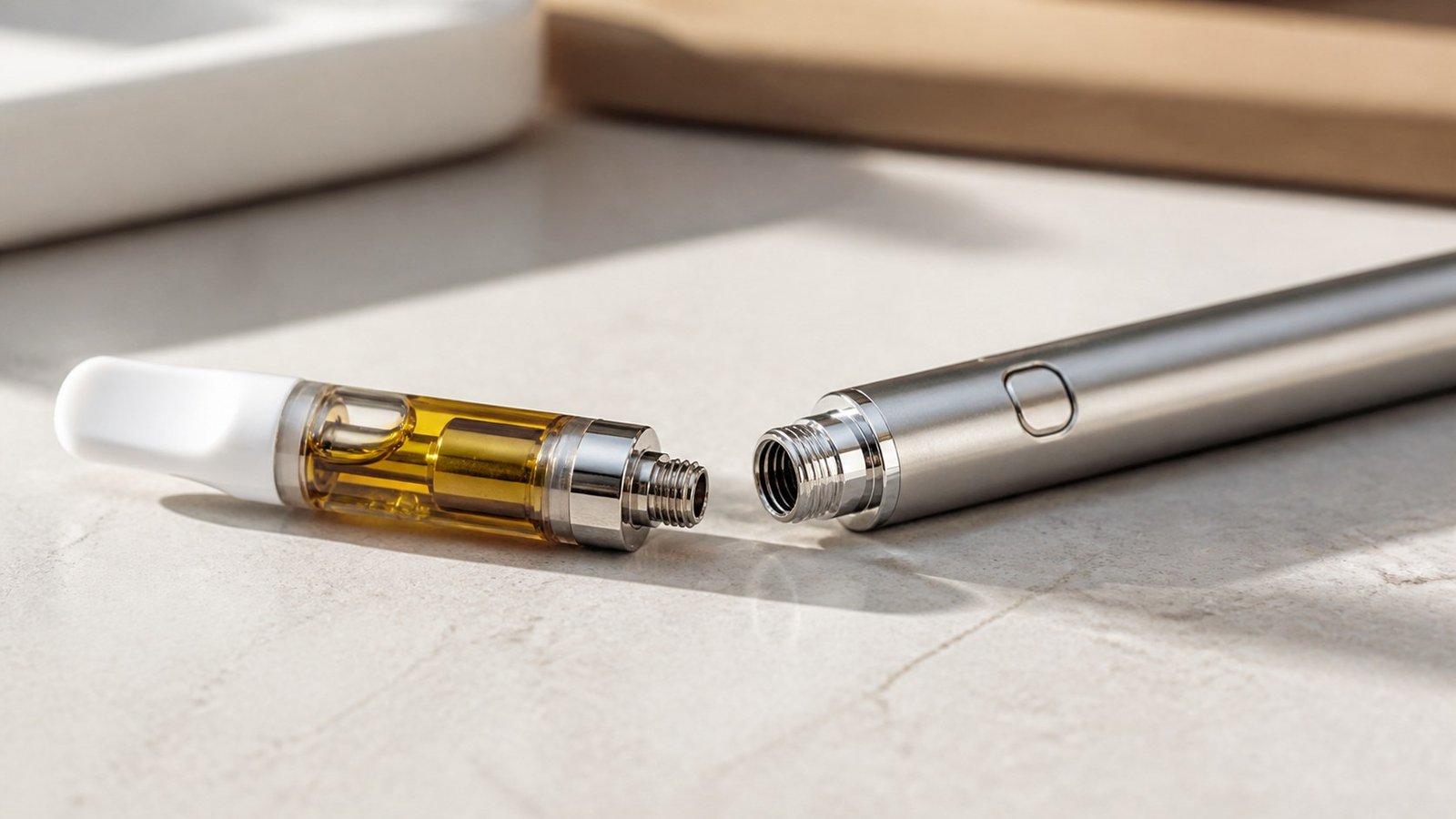 Generic 510 vape cartridge beside a slim battery showing the threaded connection