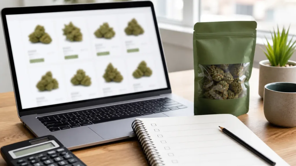 Laptop product grid and blank checklist notebook for comparing cannabis flower product pages