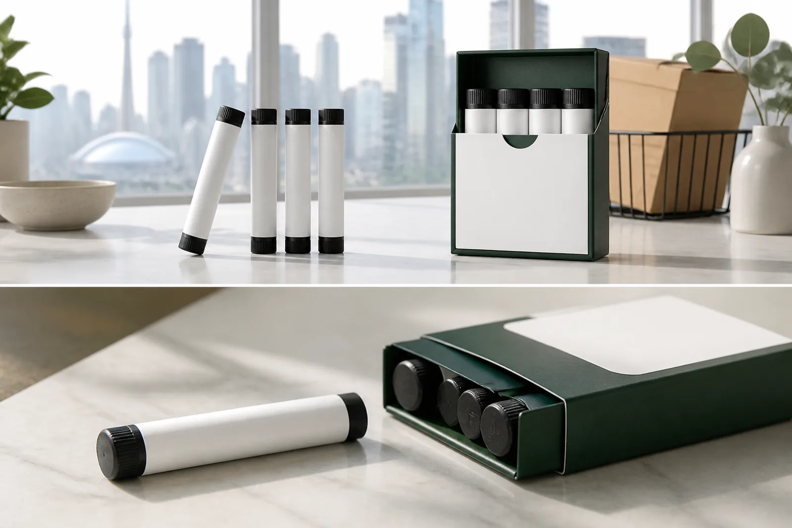 Unbranded pre-roll single tube and multi-pack packaging shown as a clean comparison detail