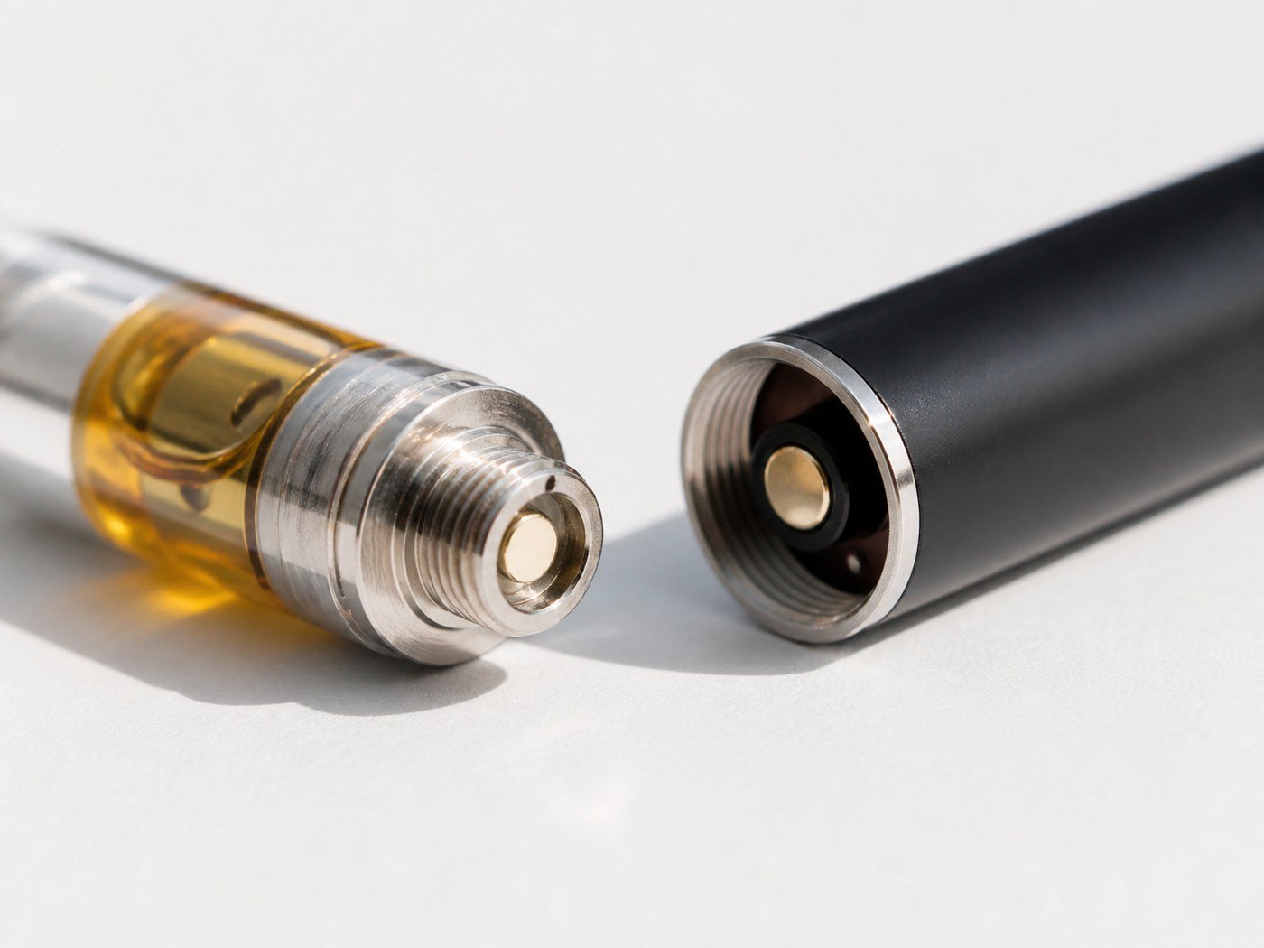 Close view of a vape cartridge and battery connection ends before attachment