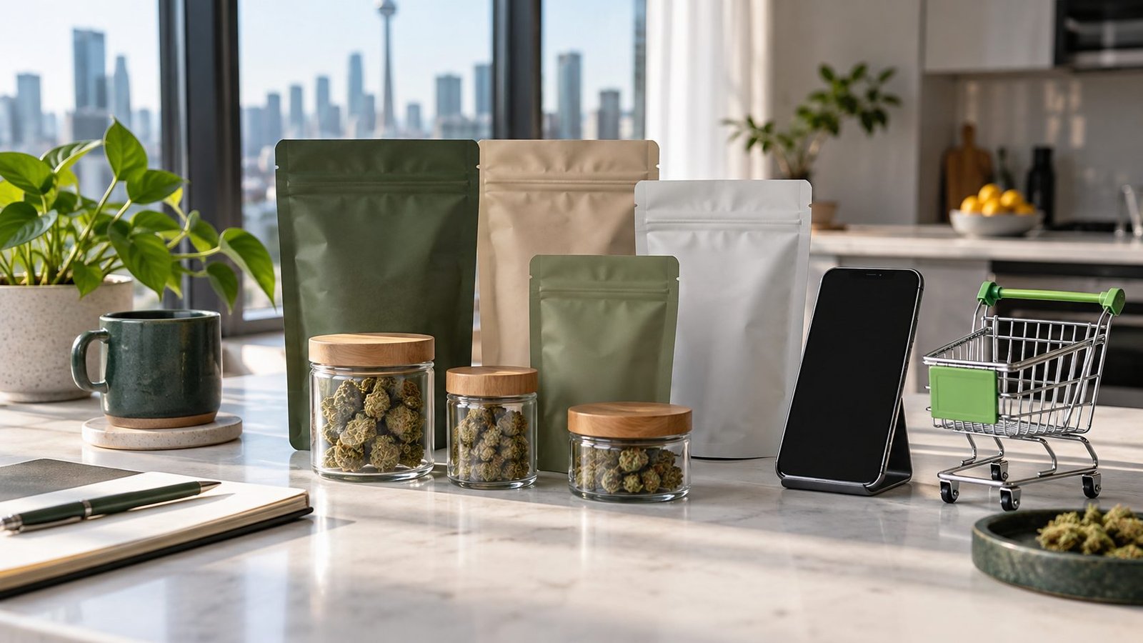 Unbranded cannabis-style pouches and jars arranged beside a blank phone and cart for mix-and-match bundle planning