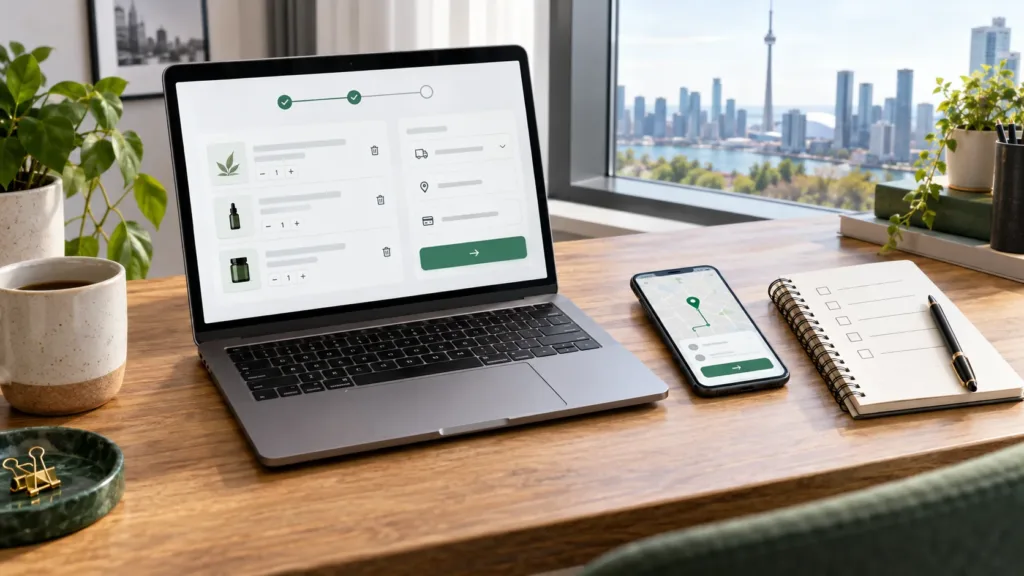 Laptop checkout screen and checklist notebook for reviewing a cannabis delivery cart before ordering