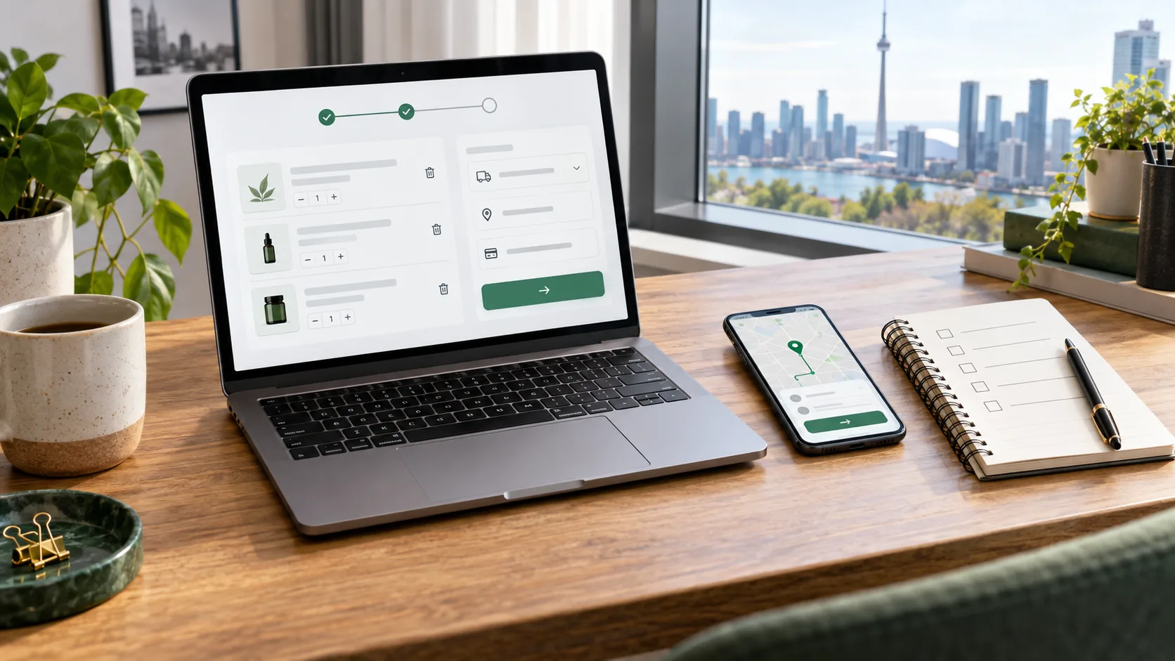 Laptop checkout screen and checklist notebook for reviewing a cannabis delivery cart before ordering
