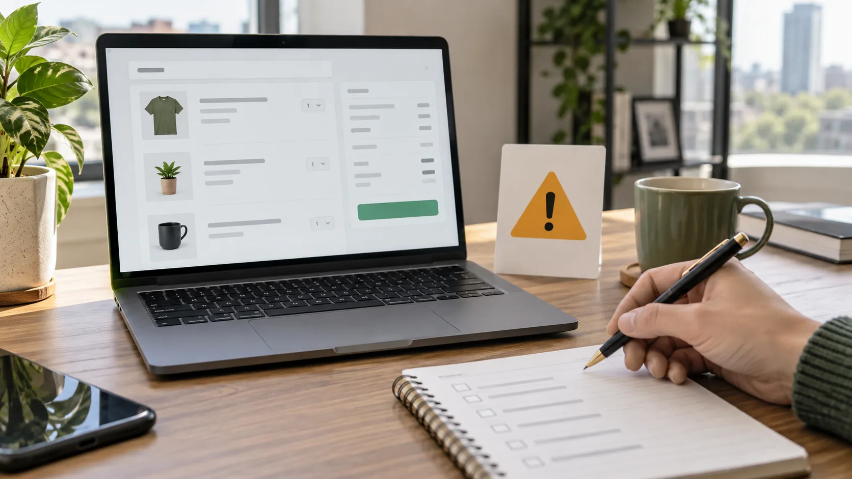 Checkout review desk scene with warning symbol and notebook for spotting common delivery order mistakes