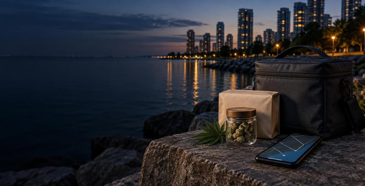 Text-free Etobicoke cannabis delivery hero image with delivery driver and city street scene